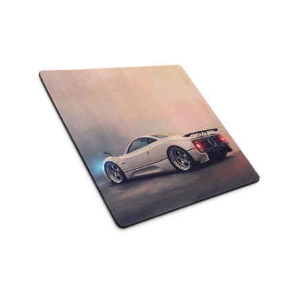 A sleek square pagani zonda inspired pearl white desk pad featuring a detailed white sports car illustration