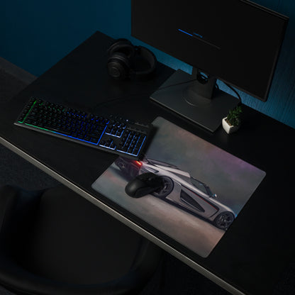 A sleek rectangular high-precision xl gaming mousepad with a silver Koenigsegg Regera inspired apex rear graphic