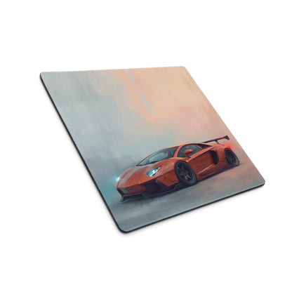 Orange lamborghini aventador sports car graphic printed on a square non-slip mousepad for PC use