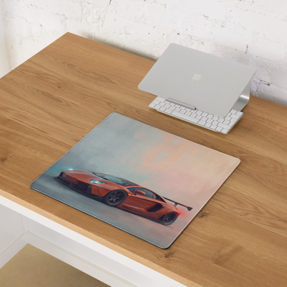 Rectangular non-slip pc mouse mat featuring a vibrant orange lamborghini aventador widebody sports car illustration