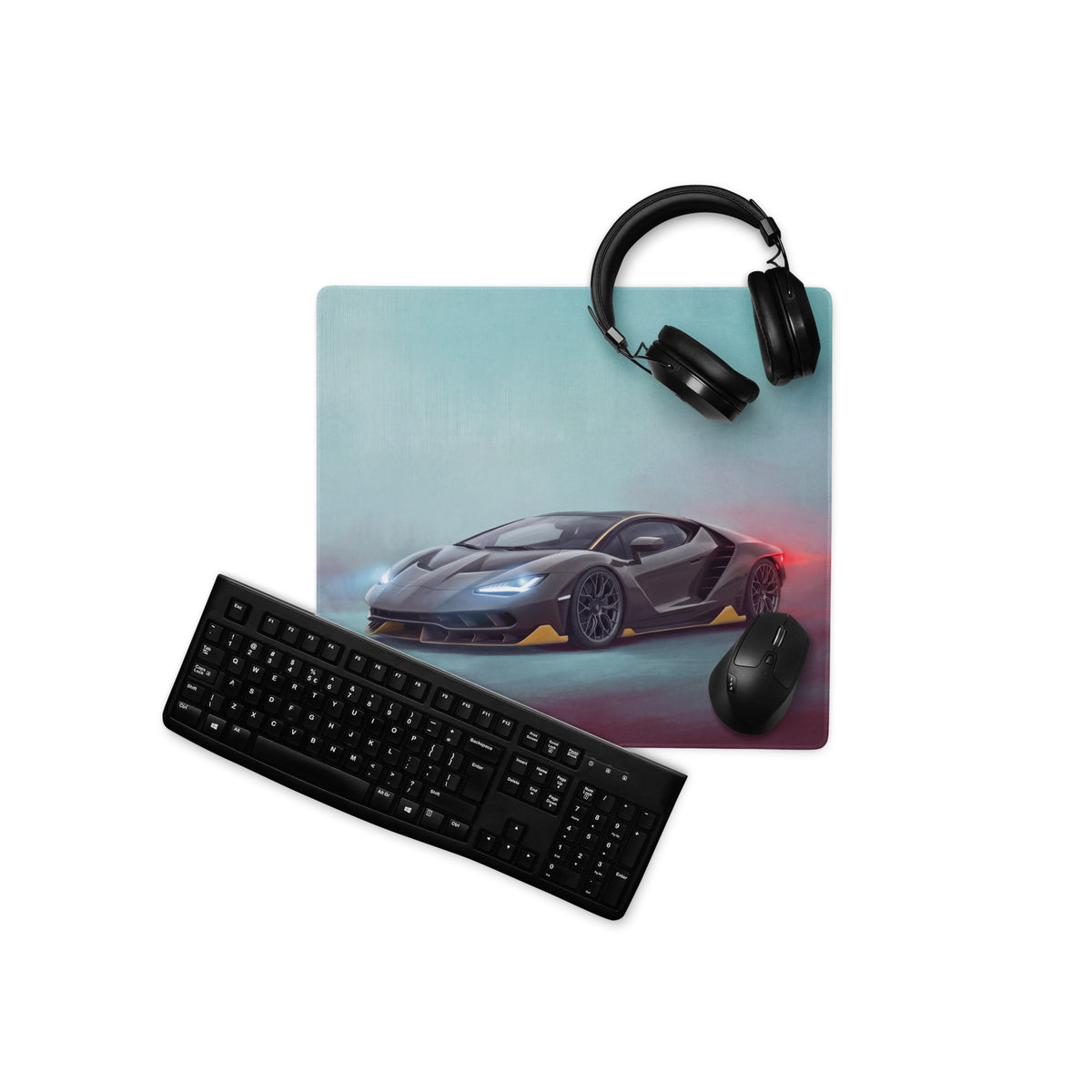 Black lamborghini centenario inspired carbon gold xl gaming mousepad with dark gray sports car and glowing lights design