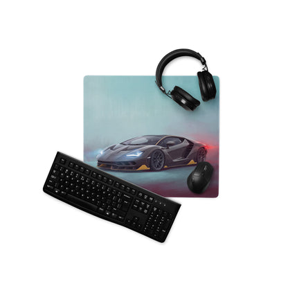 Black lamborghini centenario inspired carbon gold xl gaming mousepad with dark gray sports car and glowing lights design