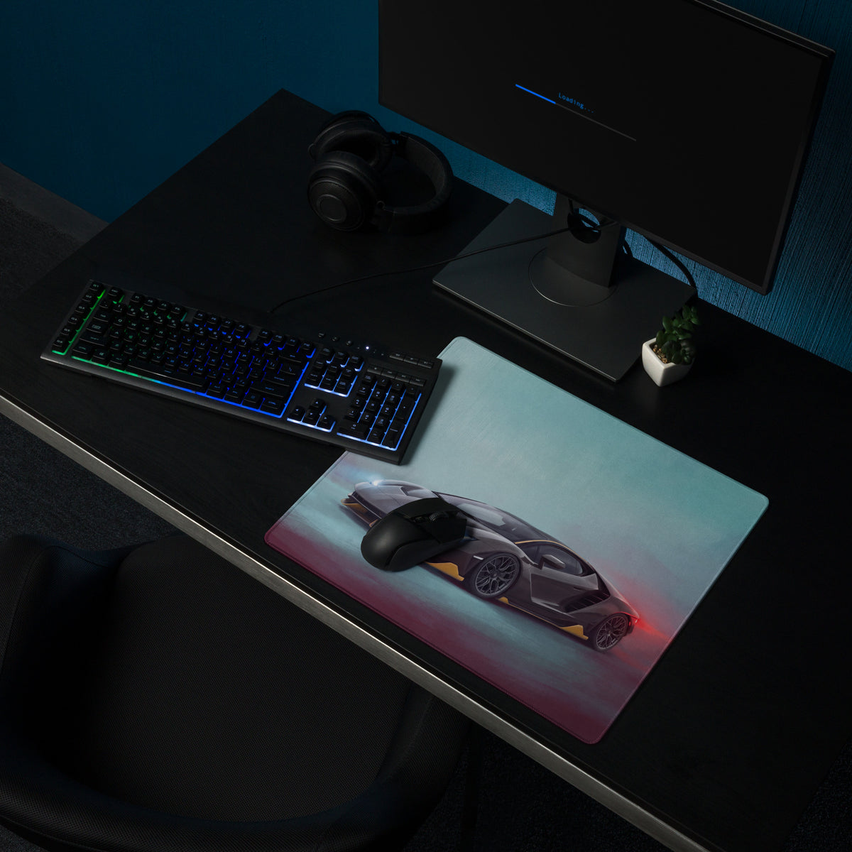 A sleek rectangular high-precision xl gaming mousepad with a black yellow lamborghini centenario inspired sports car graphic