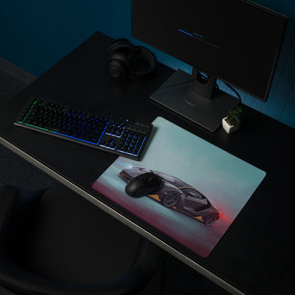 A sleek rectangular high-precision xl gaming mousepad with a black yellow lamborghini centenario inspired sports car graphic