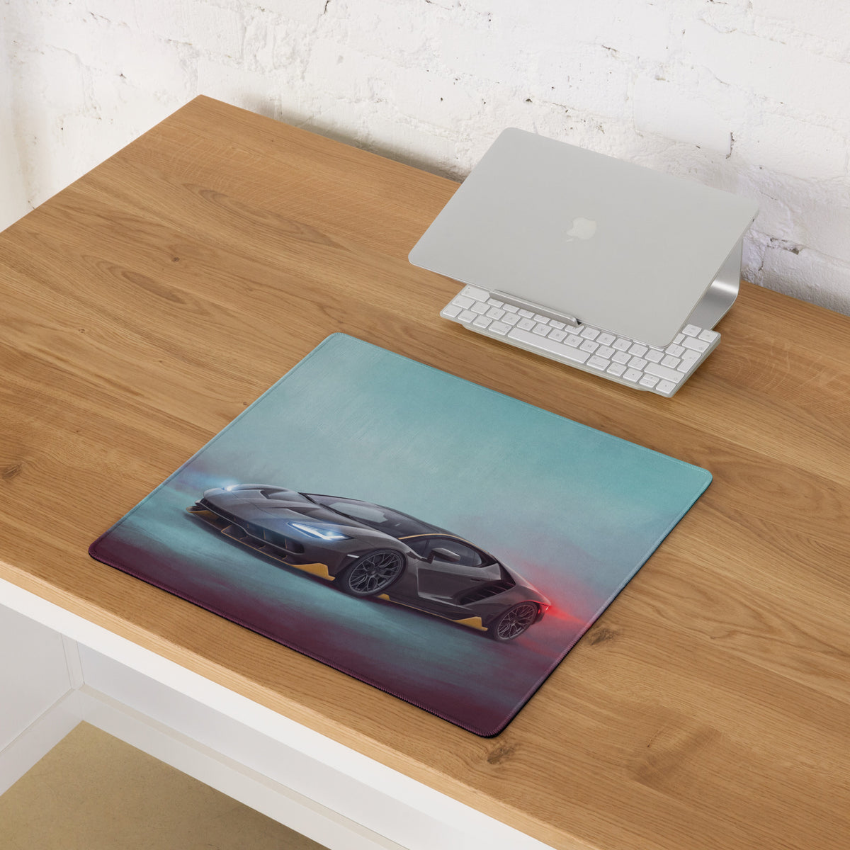 Lamborghini centenario inspired carbon gold xl gaming mousepad with dark gray sports car and glowing blue headlights