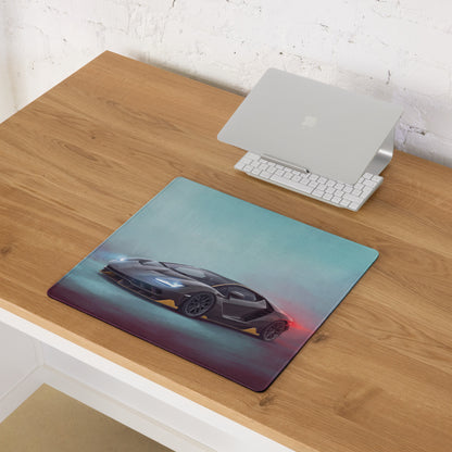 Lamborghini centenario inspired carbon gold xl gaming mousepad with dark gray sports car and glowing blue headlights