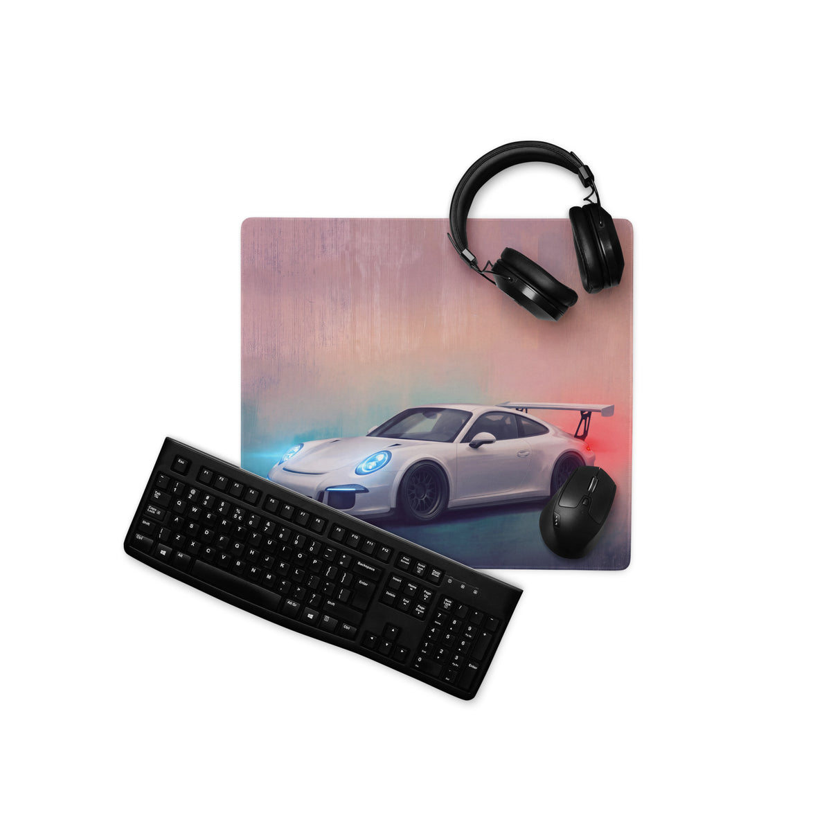 White porsche 911 gt3 inspired desk pad with ultra-glide stitched edge and gradient pink blue background mouse mat