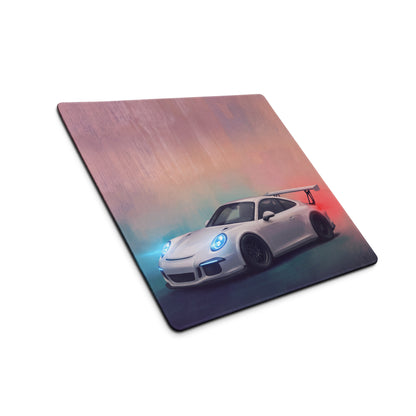 White porsche 911 gt3 inspired pure white desk pad with stitched edge features sports car graphic on gradient sky background