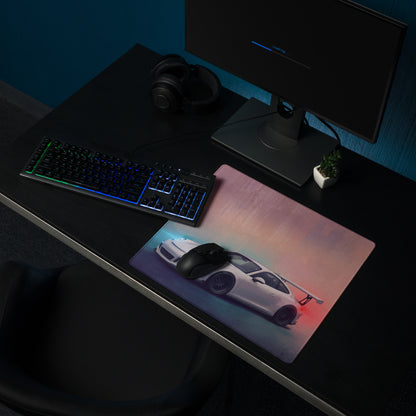 A sleek rectangular ultra-glide gaming mousepad with stitched edges featuring a white Porsche 911 GT3 sports car design