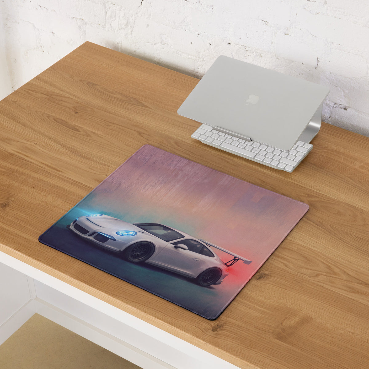 Rectangular stitched edge porsche 911 gt3 inspired pure white desk pad with vibrant white sports car and gradient sky design