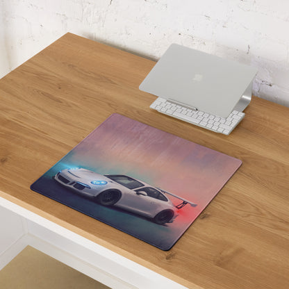 Rectangular stitched edge porsche 911 gt3 inspired pure white desk pad with vibrant white sports car and gradient sky design