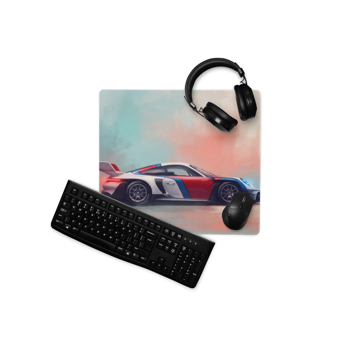 Rectangular low-friction cloth desk mat mousepad with vibrant red white and blue porsche 911 inspired racing car design