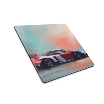 A square soft-touch cloth mousepad featuring a vibrant watercolor porsche 911 race car on a gradient sky background