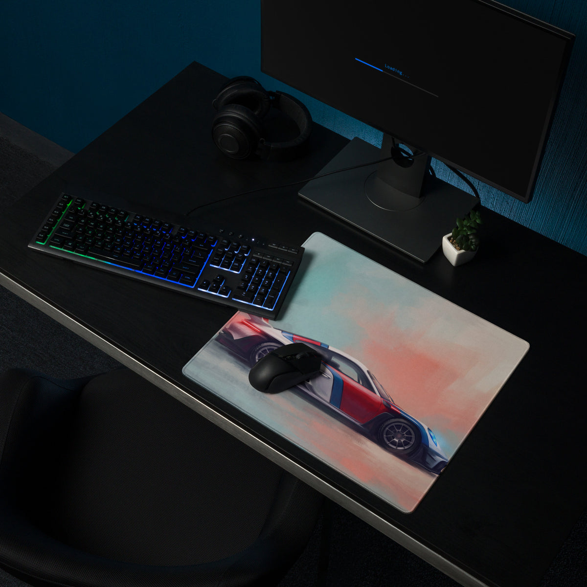 Rectangular low-friction cloth Porsche 911 inspired heritage livery desk mat with red and blue sports car design