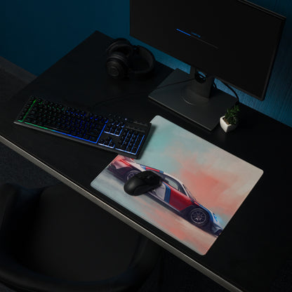 Rectangular low-friction cloth Porsche 911 inspired heritage livery desk mat with red and blue sports car design