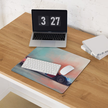 Rectangular low-friction cloth mousepad with vibrant teal pink and black abstract porsche 911 inspired car design