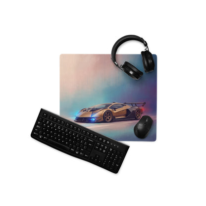Gold lamborghini veneno inspired bronze apex desk pad with sports car graphic printed on extended non slip mouse mat