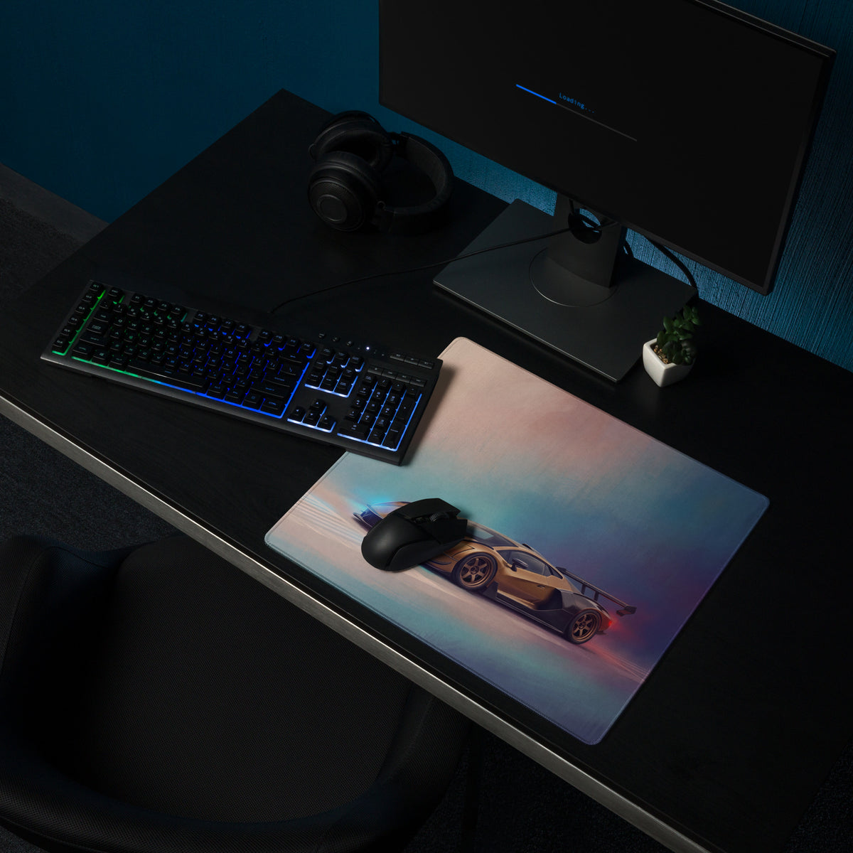 Rectangular gaming mousepad with vibrant gold and black lamborghini veneno inspired sports car graphic on a gradient background
