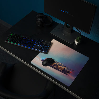 Rectangular gaming mousepad with vibrant gold and black lamborghini veneno inspired sports car graphic on a gradient background