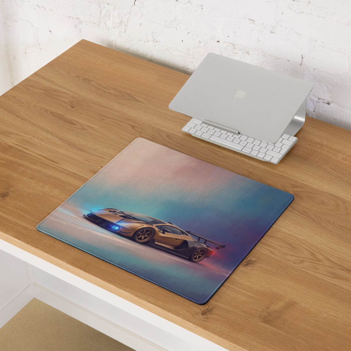 Rectangular non-slip pc mouse mat featuring a vibrant gold lamborghini veneno inspired print in neon blue and pink hues