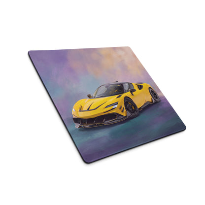 Yellow sports car graphic printed on a rectangular high-precision xl gaming mousepad ferrari sf90 xx inspired giallo flare desk mat