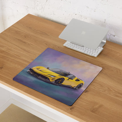 Yellow sports car illustration on a Ferrari SF90 XX inspired Giallo Flare high precision XL gaming mousepad