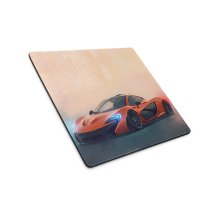 Orange McLaren sports car graphic printed on smooth square mousepad with stitched edge for ultra-glide gaming use