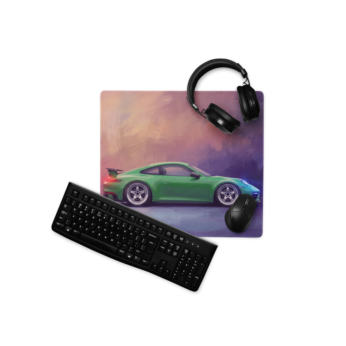 Green Porsche 911 GT3 inspired viper green low-friction cloth desk mat with sports car graphic print mousepad