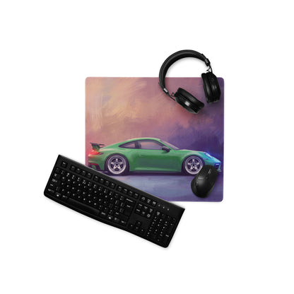 Green Porsche 911 GT3 inspired viper green low-friction cloth desk mat with sports car graphic print mousepad