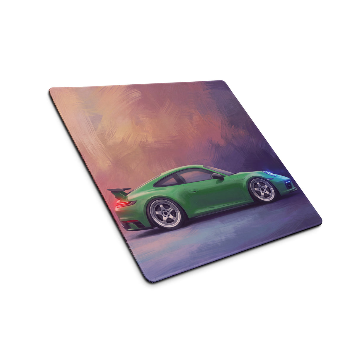 Green porsche sports car illustration on a low-friction cloth rectangular mousepad for desk setups