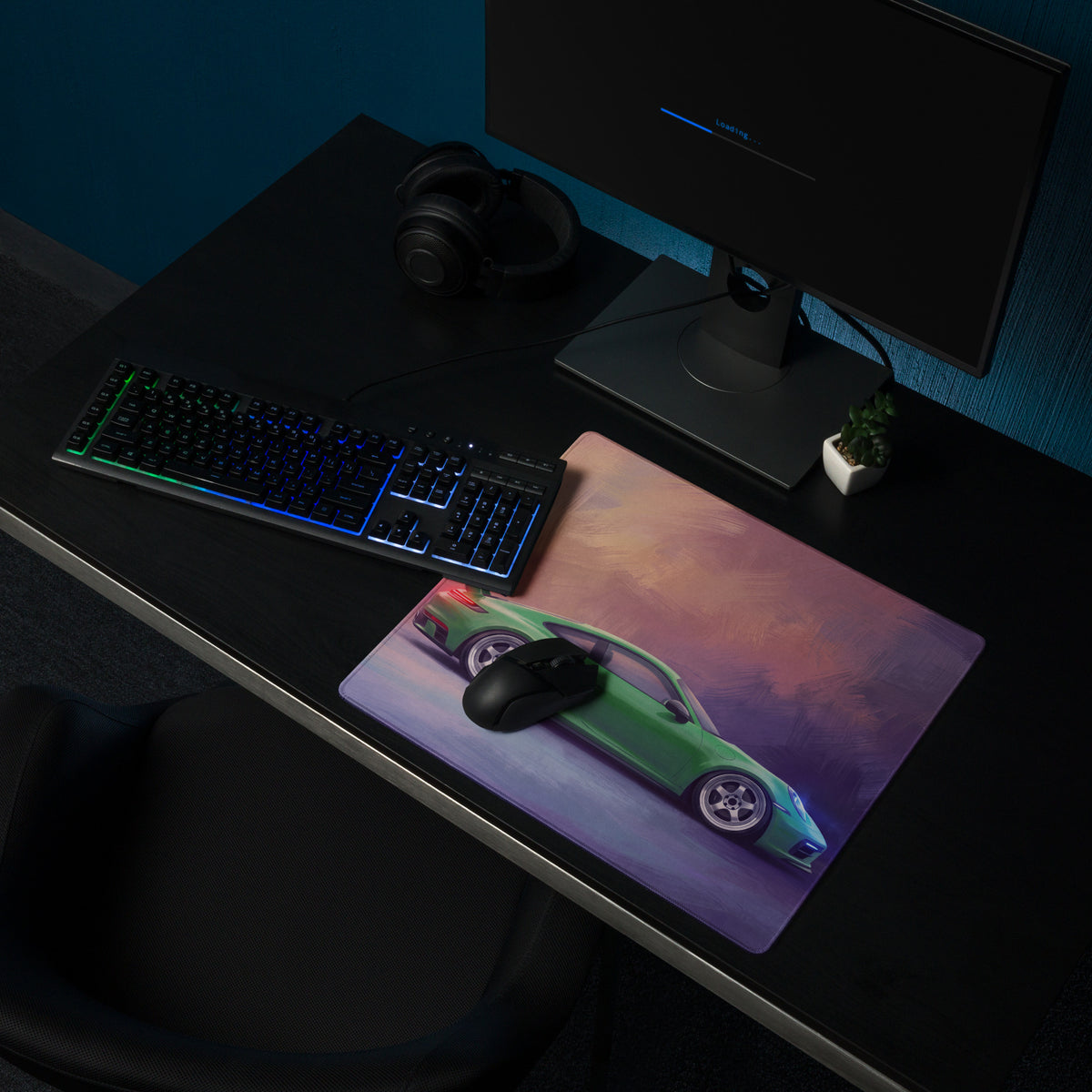 Porsche 911 gt3 inspired viper green low-friction cloth mousepad with a vibrant green sports car on gradient sunset background