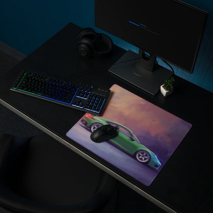 Porsche 911 gt3 inspired viper green low-friction cloth mousepad with a vibrant green sports car on gradient sunset background