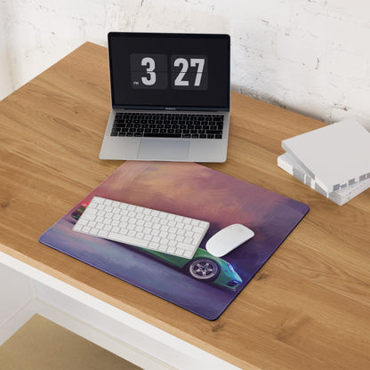 Porsche 911 gt3 inspired viper green low-friction cloth mousepad with vibrant green sports car graphic on gradient sky background