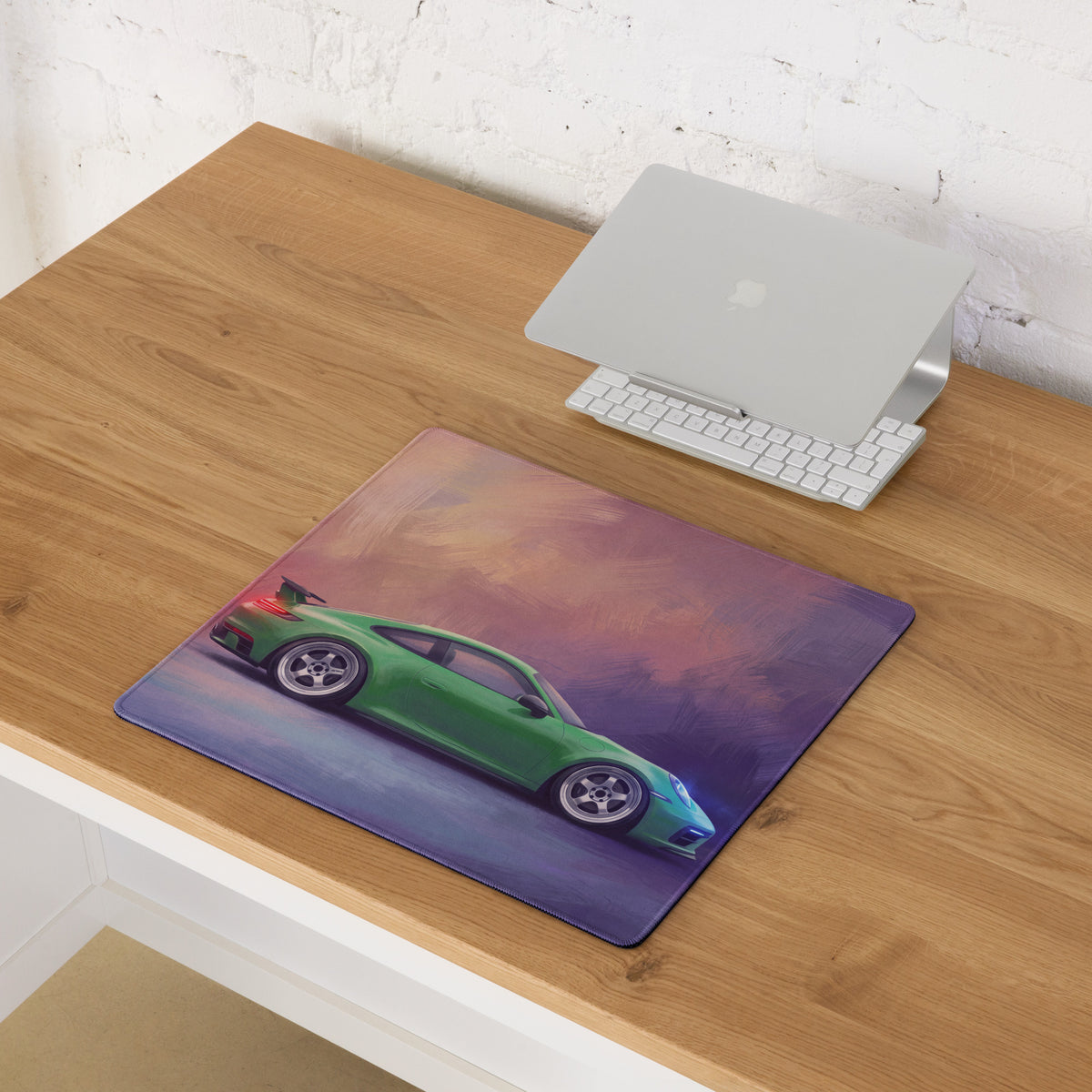 Green Porsche 911 GT3 inspired viper green desk mat with soft textured low-friction cloth surface for mouse use