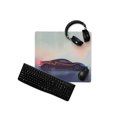 Rectangular glossy charcoal drift desk pad with dark brown sports car print non-slip extended mouse mat