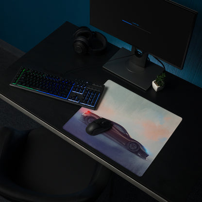 Ferrari 488 inspired charcoal drift desk pad featuring a vibrant red sports car design on a non slip extended mouse mat