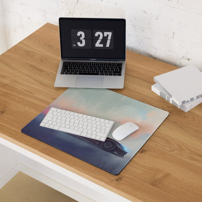 Rectangular non-slip charcoal desk pad featuring a printed dark blue sports car against a soft gradient background