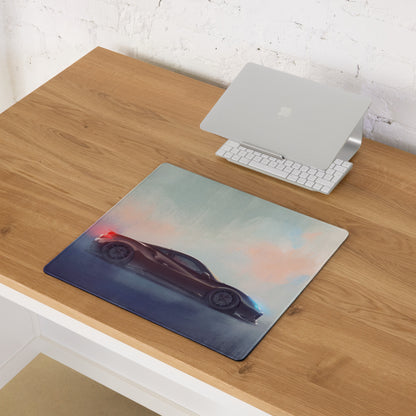 Rectangular non-slip charcoal drift desk pad with glossy red ferrari 488 inspired sports car design and smoky background