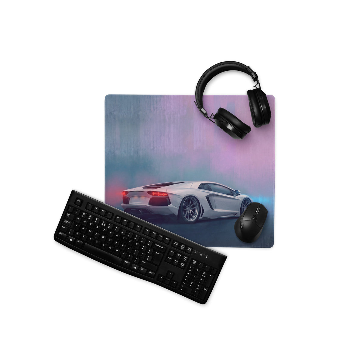 A rectangular high-precision xl gaming mousepad with a stylized white Lamborghini Aventador on a purple blue gradient background