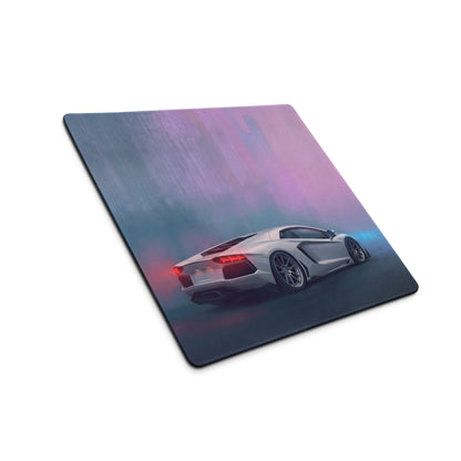 Lamborghini aventador inspired pearl apex desk mat with silver sports car graphic on purple and blue gradient background