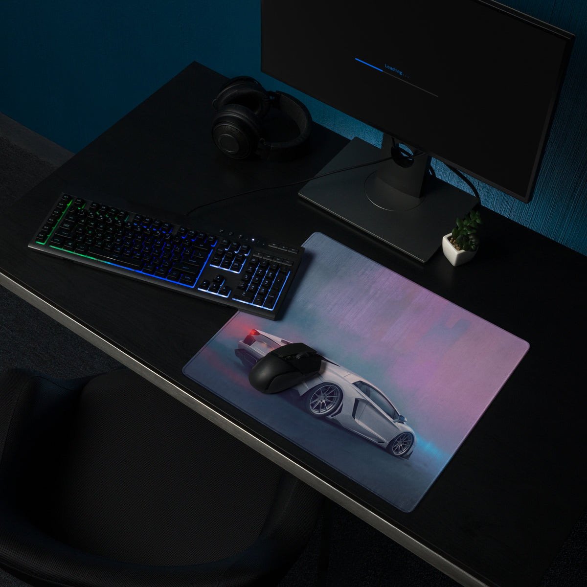 A sleek xl gaming mousepad with vibrant white sports car graphic and glowing pink and blue accents inspired by lamborghini aventador