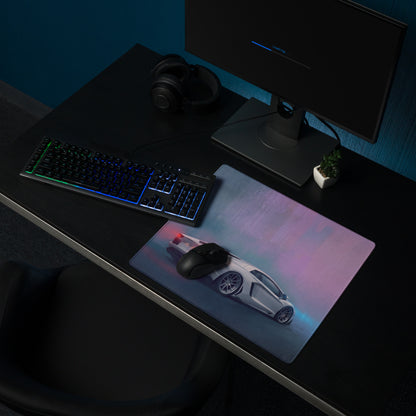 A sleek xl gaming mousepad with vibrant white sports car graphic and glowing pink and blue accents inspired by lamborghini aventador