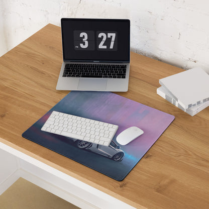 A sleek rectangular Lamborghini Aventador inspired pearl apex desk mat with vibrant purple blue gradient and silver sports car graphic