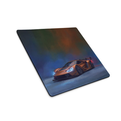 Ford gt inspired copper apex desk pad with vibrant orange sports car illustration and ultra-glide stitched edge surface