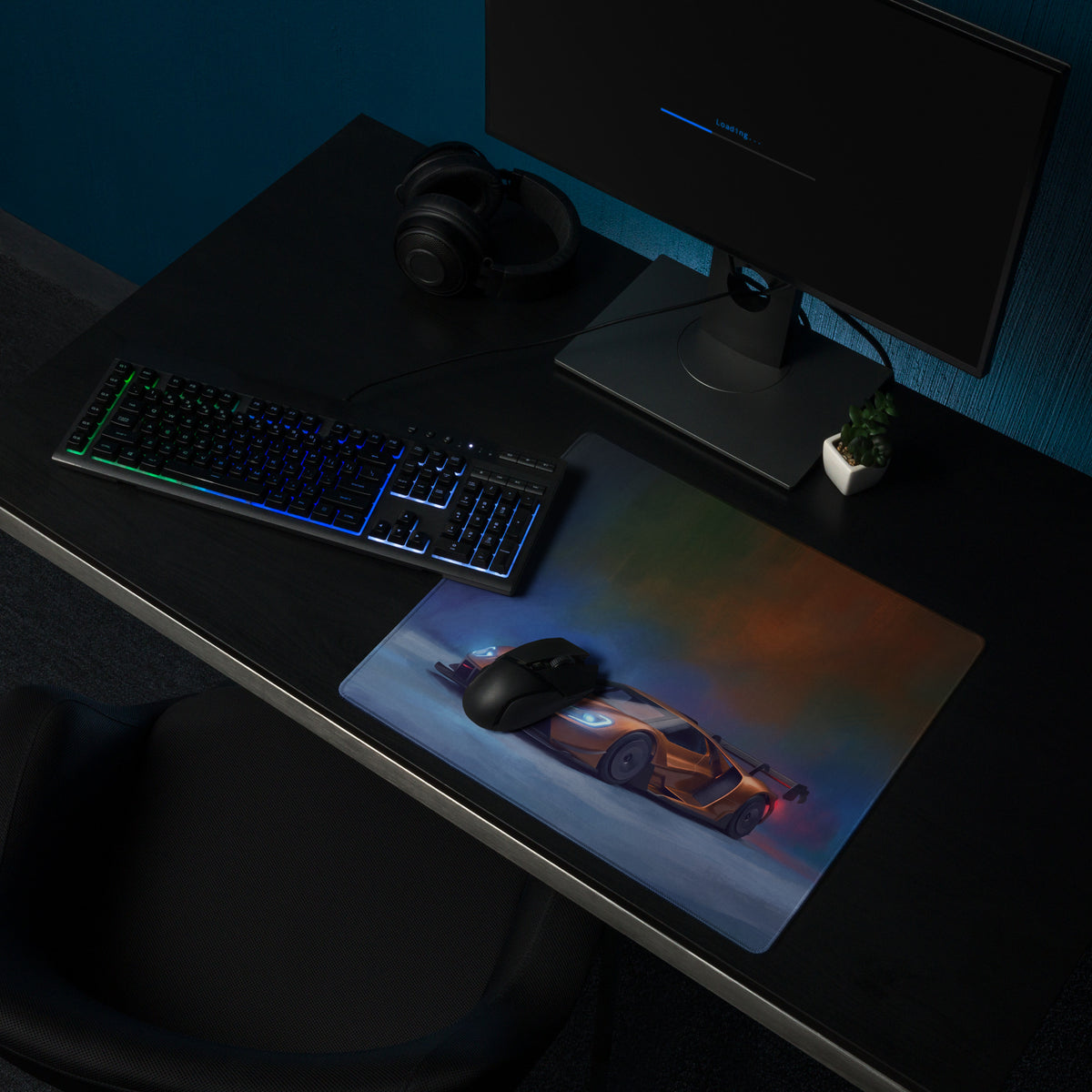 Ford GT inspired copper apex desk pad featuring a sleek rectangular design with vibrant orange car and stitched edges