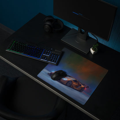 Ford GT inspired copper apex desk pad featuring a sleek rectangular design with vibrant orange car and stitched edges
