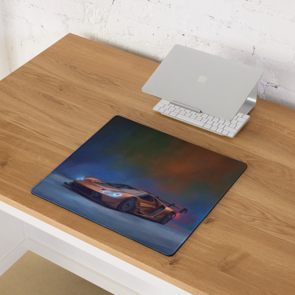 Rectangular ford gt inspired copper apex desk pad with vibrant orange sports car on dark blue and black gradient background