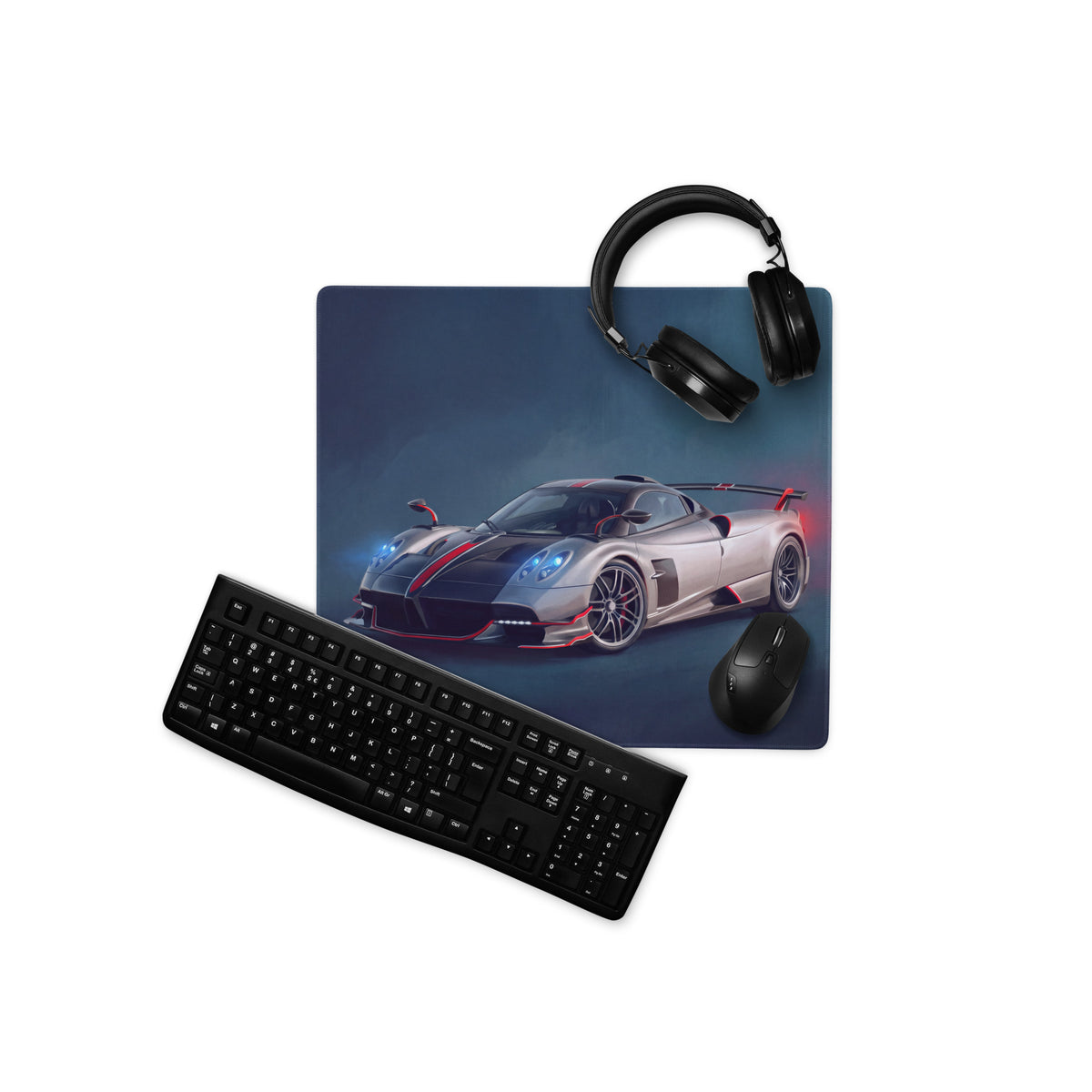Silver and red Pagani Huayra graphic on a rectangular low-friction cloth desk mat mousepad for setups