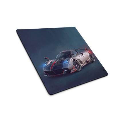 Dark blue cloth desk mat featuring a silver and black pagani huayra bc graphic low friction mousepad setup