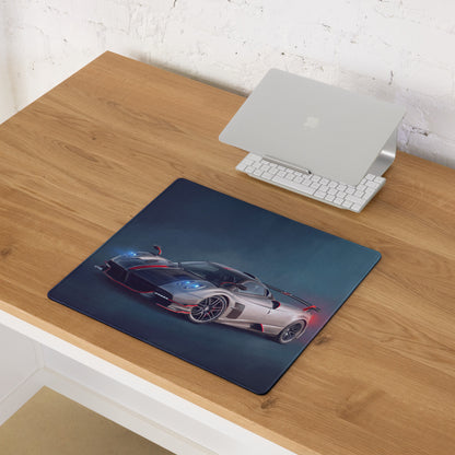 Dark blue rectangular cloth mousepad featuring a silver and red pagani huayra with glowing headlights for low-friction use
